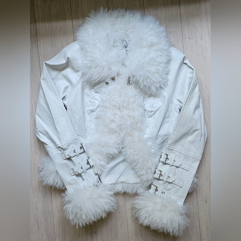 Never Worn White Faux Fur Trim Leather Jacket